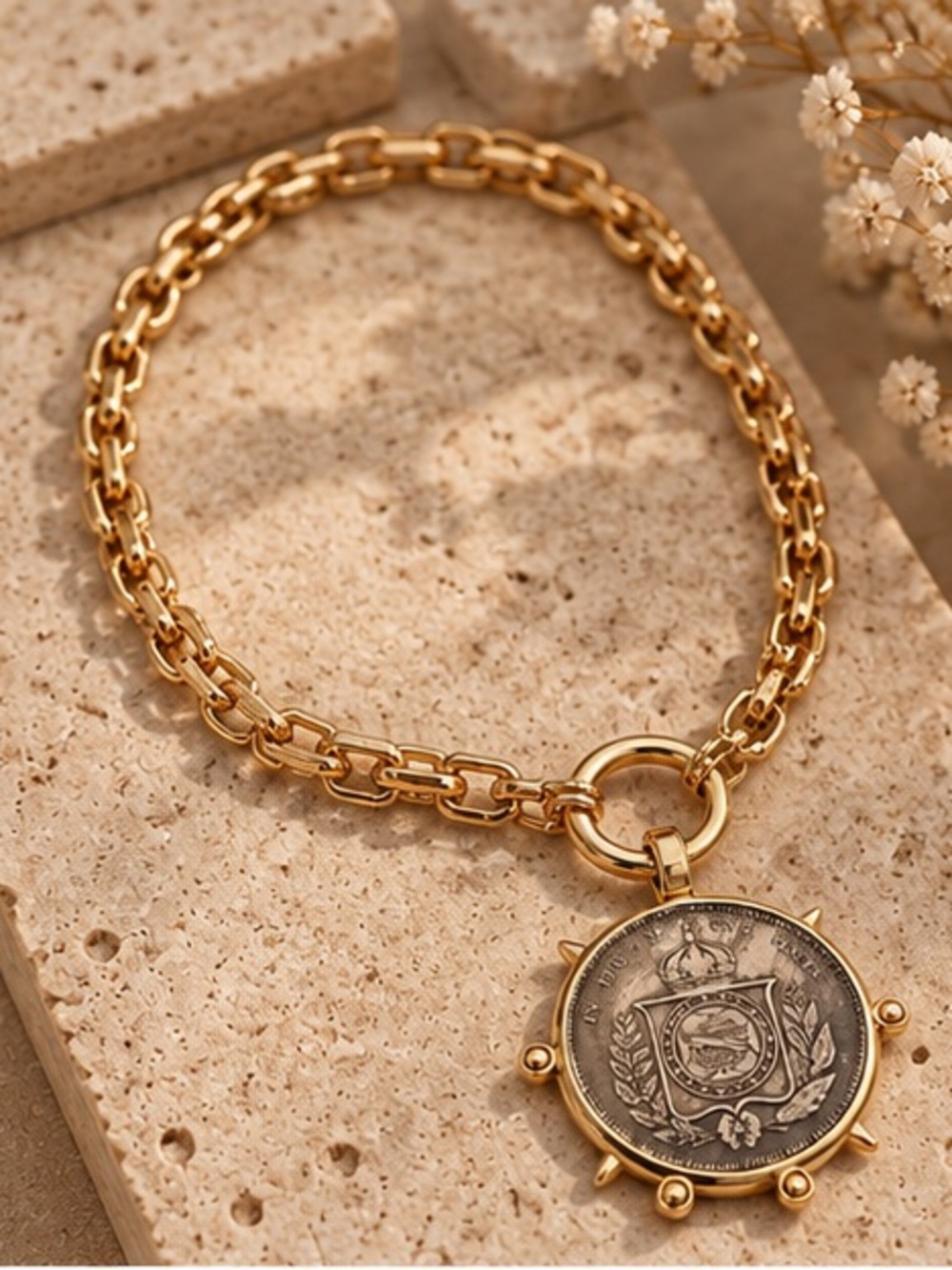 Gold Chunky Chain Vintage Coin Pendant Statement Necklace